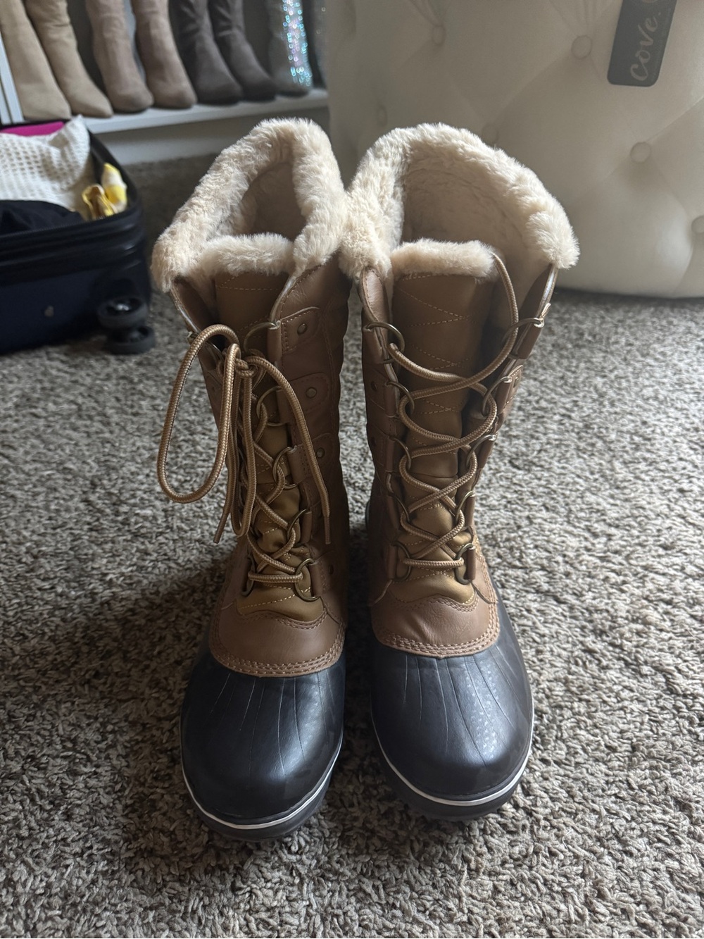 JBU Brown and Black Insulated Lace-Up Winter Boots with Faux Fur Cuff